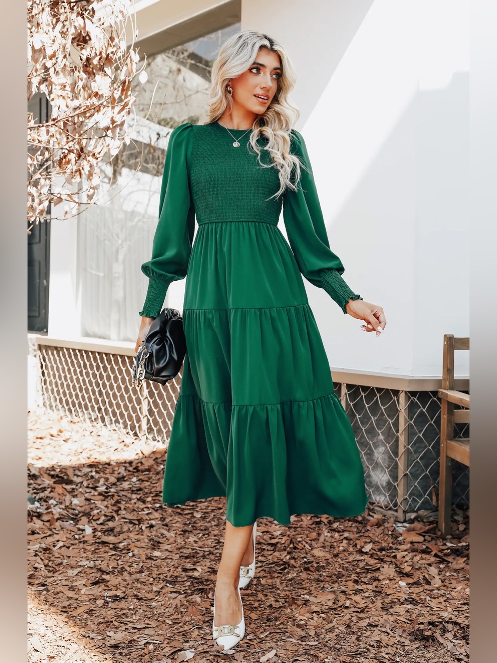 Cupshe:  Smocked Bodice Tiered Midi Dress - Emerald Green
